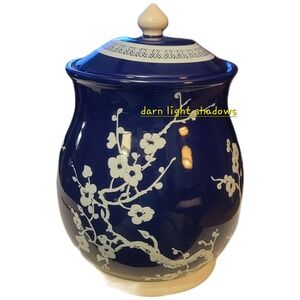 Ginger Jar with Lid Cobalt Blue Ceramic Canister White Cherry Blossoms Large